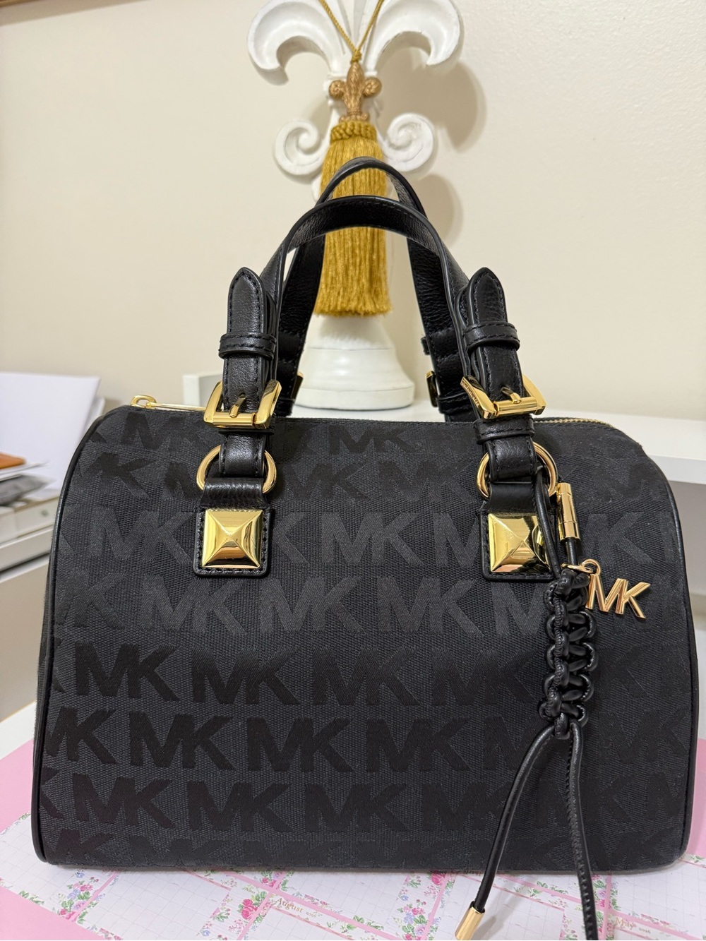 Michael Kors Logo-Print Handbag With Leather Handles And Leather Bag Charm.